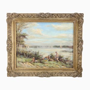 Bernard H. Wiles, Picnic in riva al fiume, 1920-1930, Olio su tavola