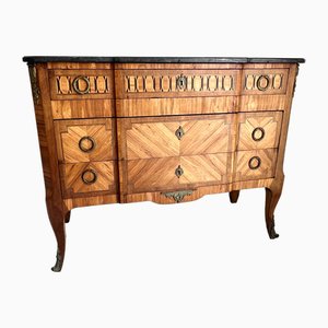 Antique Continental Transition Style Parquetry and Marble Commode
