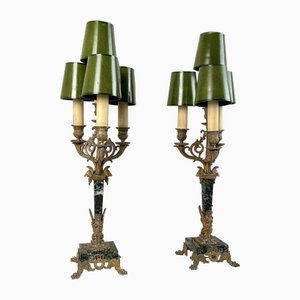 Lámparas de candelabro francesas antiguas de bronce dorado y mármol. Juego de 2