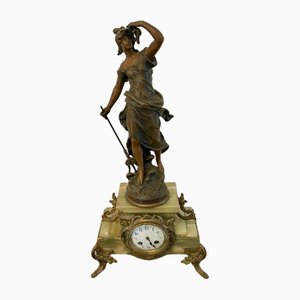 Reloj francés antiguo de ónice y Spelter con Amphitrite al estilo de Auguste Moreau, 1900