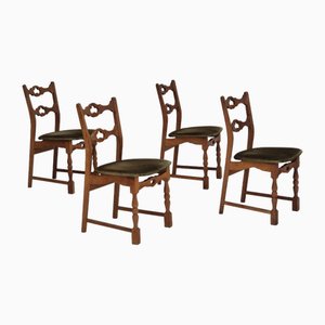 Chaises de Salle à Manger en Chêne et Velours, Danemark, 1970s, Set de 4