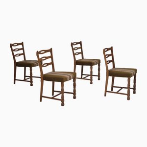 Sillas de comedor danesas de roble y lana verde, años 70. Juego de 4