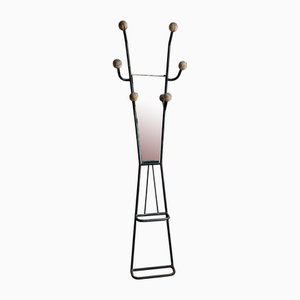 Black Metal Wall Coat Rack with Mirror, 1960s