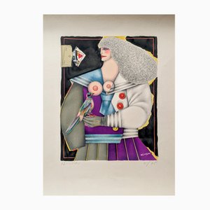 Richard Lindner, Mujer con pájaro, años 70, Litografía