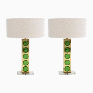Lámparas de mesa de latón con cristal de Murano verde, Italia. Juego de 2