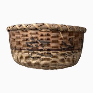 Japanese Woven Bamboo Basket with Calligraphy, 1950s