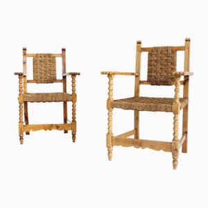 Set of Spanish Brutalist Carved Wooden and Rush Woven Armchairs, 1950s
