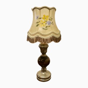Lampe de Bureau en Étain et Bois Tourné avec Abat-Jour Peint à la Main, 1930s