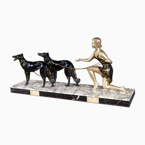 Femme aux Lévriers Art Déco, 1930, Métal Patiné