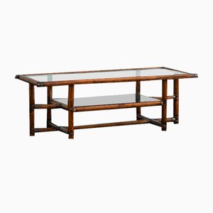 Mesa de centro de bambú con encuadernaciones de cuero y tablero doble de vidrio, 1970