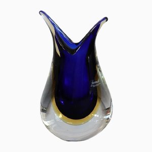 Jarrón de cristal de Murano azul y amarillo de Formia, años 70