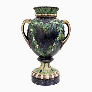 Große antike französische Majolika Renaissance Palissy Vase mit Mistel, 1880