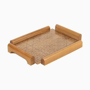 Mid-Century Serving Tray in Wood, Acrylic Glass & Rattan in the style of Christian Dior, Italy, 1970s