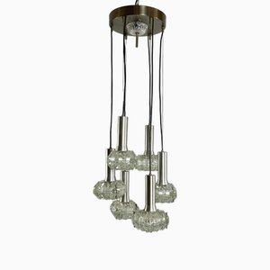 Italian 6-Light Cascade Steel and Crystal Chandelier, 1970s