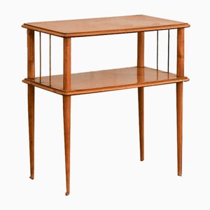 Mid-Century Wooden Side Table with Brass Details and Double Shelf, 1950s