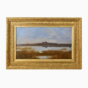 Louis-René Boulanger, Paysage de Rivière avec Village, 19ème Siècle, Huile sur Toile, Encadrée