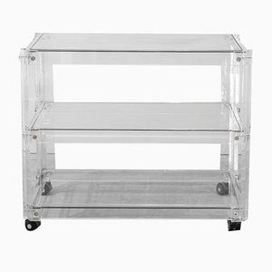 Methacrylate Cart with Wheels and Three Glass Shelves, 1970s
