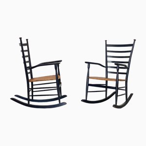 Set of Rocking Chairs in Lacquered Wood and Straw, 1960s