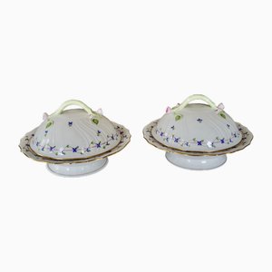 Blue Garland Vegetables Tureens on Stand with Branch Handle from Herend, 2005, Set of 2