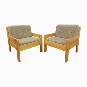 Set of Vintage Fireside Chairs in Pine and Fabric, 1970s