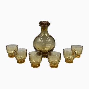 Antikes französisches Likör Set aus bernsteinfarbenem Pressglas, 7
