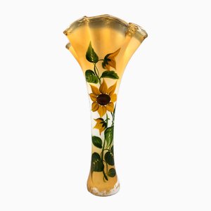 Large Antique Art Nouveau Glass Vase Hand Painted with Sunflowers