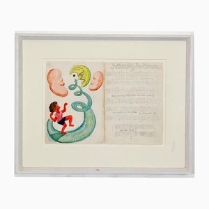 Henry Heerup, Throwing Rocks at the Moon, Watercolor, Framed