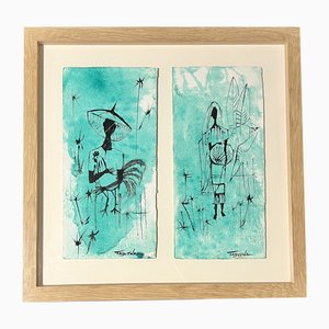 Aquarelle et Encre sur Papier Romeo Tabuena, Personnages, 1960s