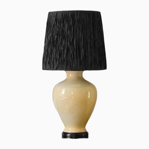 Große Crackle Tischlampe aus Keramik mit Holzfuß & Lampenschirm aus Bast, 1980er