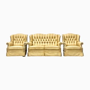 Divano a due posti e poltrone in stile Chesterfield in pelle, anni '80, set di 3