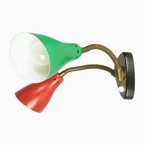 Red & Green Brass and Black Wood Adjustable Wall Lamp, 1960s