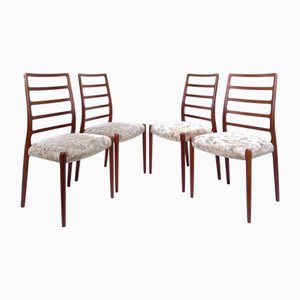 High Back Teak Dining Chairs Model 82 with Upholstered seats by Niels O. Møller for J.L. Møllers Møbelfabrik, Denmark 1960s, Set of 4