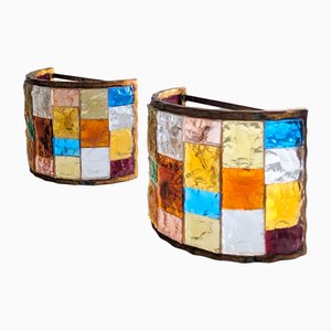 Italienische Wandleuchten aus gehämmertem Glas & Schmiedeeisen von Longobard, 1970er, 2er Set