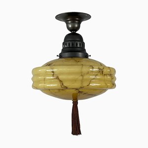 Art Deco Einbauleuchte aus Marmoriertem Opalglas & Brüniertem Metall, 1920er