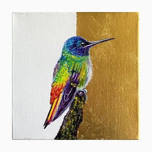 Anastasia Gklava, Sparkling Violetear, Oil and Gold Leaf on Canvas, 2024, Framed