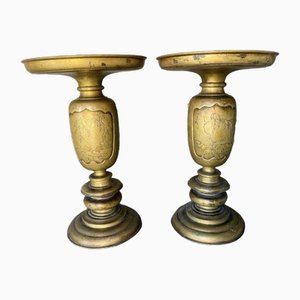 Antique Japanese Inlaid Brass Usubata Vases from Ikebana Flowers, 1860, Set of 2