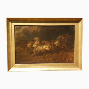 H. Post, Calèche à 5 chevaux, Peinture à l'huile, Début du XXe siècle, Encadrée