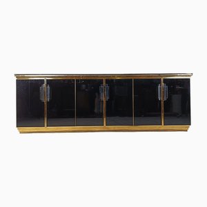 Vintage Black Lacquered and Black Glass Credenza, 1980s