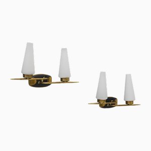Brass and Opaline Glass Wall Lights, 1950s, Set of 2