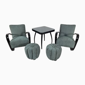 H 269 Lounge Chairs, Table and Poufs by Jindřich Halabala for UP Zavody, 1940s, Set of 5
