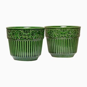 Vintage Bay Ceramic Flower Pots Model 603-14 in Green Ripple and Flower Relief, West Germany, 1980s, Set of 2