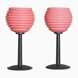 Vintage Space Age Pink Glass Table Lamps with Fluted Glass Shade, Italy, 1980s, Set of 2