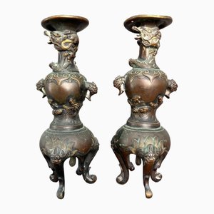 Bronze Kerzenständer, Japan, 1870er, 2er Set