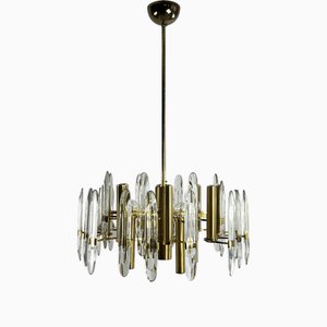 Lustre Mid-Century à 12 Lumières en Laiton et Cristal attribué à Gaetano Sciolari, 1960s