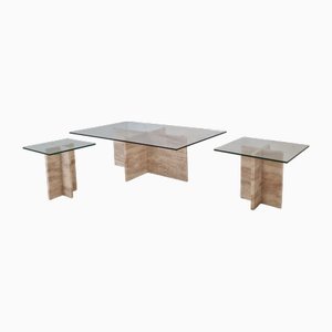 Vintage Italian Marble Coffee Tables with Glass, 1980s, Set of 3