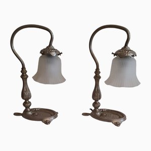 Vintage Nachttischlampen aus vernickeltem Metall mit Glasschirmen, 1980er, 2er Set