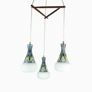 Lampada a sospensione moderna in teak, vetro opalino e ceramica, Danimarca, anni '60