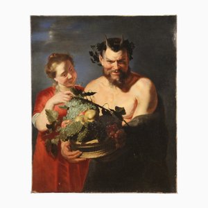 Artista fiammingo, Fauno con cesto di frutta e baccante, 1670, Olio su tela