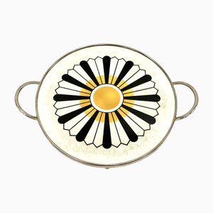 German Art Deco Ceramic Round Serving Tray with Chromed Frame, 1940s