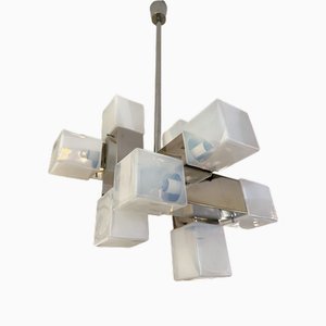 Lampadario a forma di cubo in metallo e vetro di Murano di Mazzega, Italia, anni '70